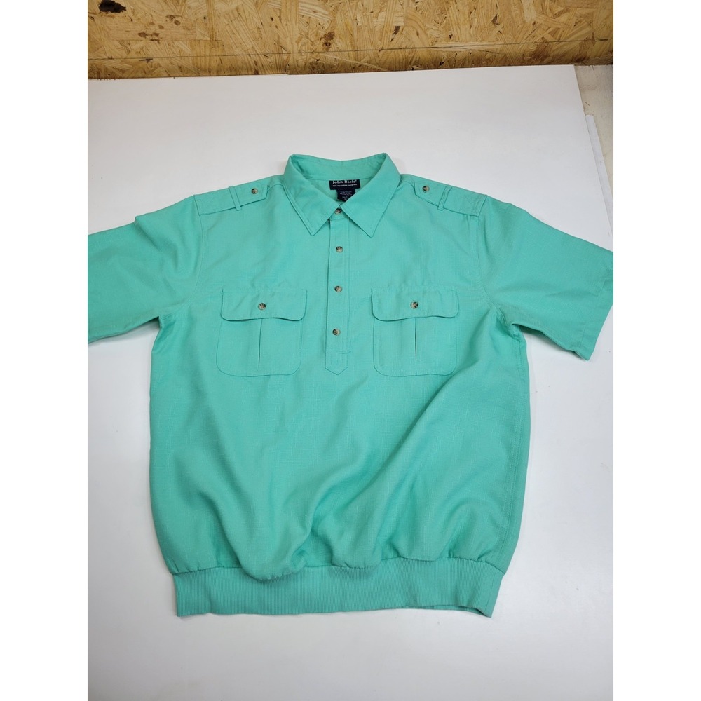 Vintage John Blair Mens L Aqua Shirt Short Sleeve Banded Bottom Epaulet Pockets